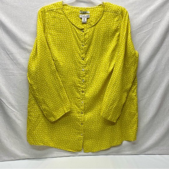 Rachel Zoe Womens 1X Linen Button Down Yellow White Polka Dot Blouse Casual Fun - Picture 3 of 14